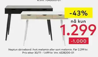 Skeidar Neptun skrivebord i hvit melamin eller sort melamin tilbud