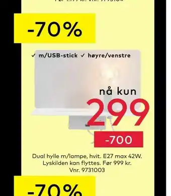 Skeidar Dual hylle m/lampe, hvit tilbud
