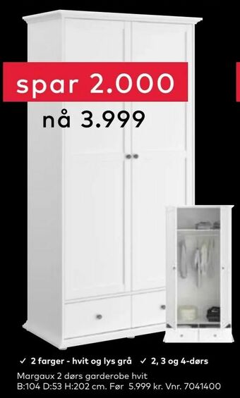 Skeidar Margaux 2 dørs garderobe hvit tilbud