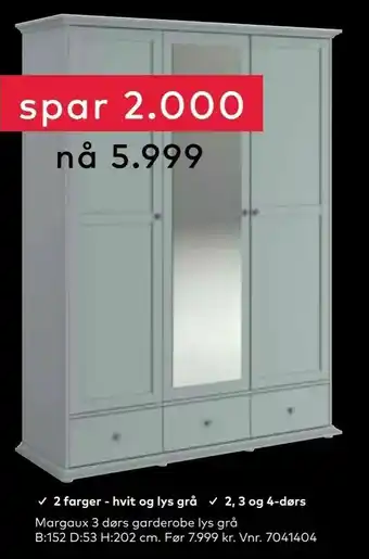 Skeidar Margaux 3 dørs garderobe lys grå tilbud