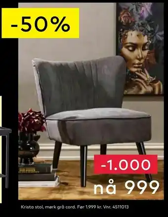 Skeidar Krista stol, mørk grå cord tilbud