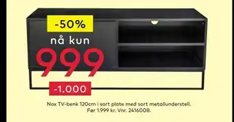 Skeidar Nox TV-benk 120cm i sort plate med sort metallunderstell tilbud