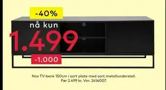 Skeidar Nox TV-benk 150cm i sort plate med sort metallunderstell tilbud