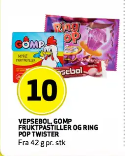 Bunnpris VEPSEBOL, GOMP FRUKTPASTILLER OG RING POP TWISTER tilbud