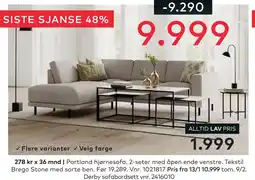 Skeidar Portland hjørnesofa. 2-seter med åpen ende venstre tilbud