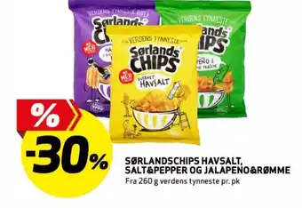 Bunnpris Sørlandschips havsalt, salt & pepper og jalapeño&rømme tilbud