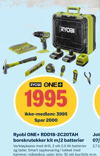 Obs Bygg Ryobi ONE+ RDD18-2C20TAH borskrutekker kit m/2 batterier tilbud