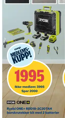 Coop Byggmix Ryobi ONE+ RDD18-2C20TAH borskrutekker kit med 2 batterier tilbud