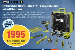 Obs Bygg Ryobi ONE+ RDD18-2C20TAH borskrutekker kit m/2 batterier tilbud