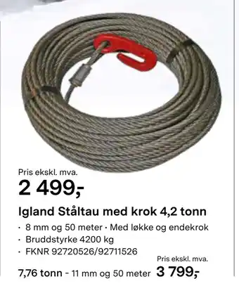 Felleskjøpet Igland Ståltau med krok 4,2 tonn tilbud