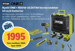 Coop Obs Ryobi ONE+ RDD18-2C20TAH borskrutekker kit m/2 batterier tilbud