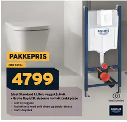 Megaflis Ideal Standard I.Life b veggskål hvit + Grohe Rapid SL sisterne m/hvit trykkplate tilbud