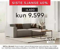 Skeidar Enjoy 3-seter i tekstil Brego beige med sorte ben tilbud