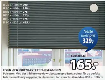 JYSK HVEN UP & DOWN LYSTETT PLISSÉGARDIN tilbud