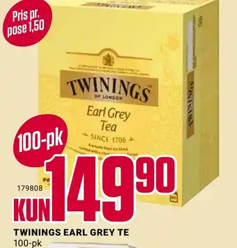 Europris TWININGS EARL GREY TE 100-pk tilbud