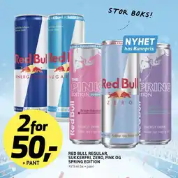 Bunnpris RED BULL regular, sukkerfri, zero, pink og spring edition tilbud