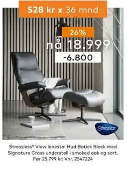 Skeidar Stressless View lenestol Hud Batick Black med Signature Cross understell i smoked oak og sort tilbud