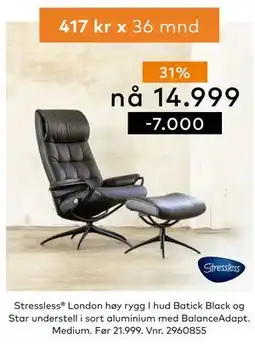 Skeidar Stressless London høy rygg I hud Batick Black og Star understell i sort aluminium med BalanceAdapt tilbud