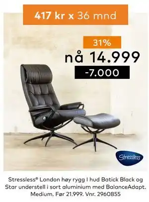 Skeidar Stressless London høy rygg I hud Batick Black og Star understell i sort aluminium med BalanceAdapt tilbud