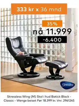 Skeidar Stressless Wing (M) Stol i hud Batick Black Classic - Wenge beiset tilbud