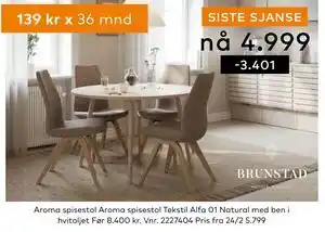 Skeidar Aroma spisestol Aroma spisestol Tekstil Alfa 01 Natural med ben i hvitoljet tilbud