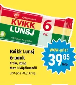 Eurocash Kvikk Lunsj 6-pack Kvikk Lunsj 6-pack Freia, 282g Max 3 köp/hushåll Jmf-pris 141,31 kr/kg tilbud