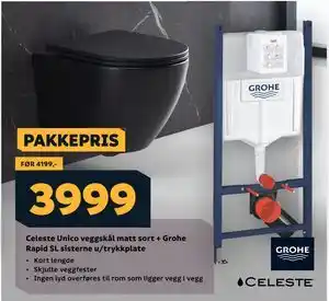 Megaflis Celeste Unico veggskål matt sort + Grohe Rapid SL sisterne u/trykkplate tilbud