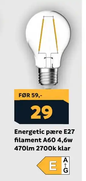 Megaflis Energetic pære E27 filament A60 4,6w 470lm 2700k klar tilbud