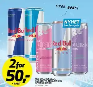 Bunnpris Red Bull Regular, Sukkerfri, Zero, Pink og Spring Edition tilbud