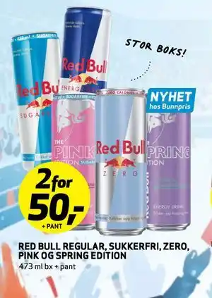 Bunnpris RED BULL REGULAR. SUKKERFRI, ZERO PINK OG SPRING EDITION tilbud