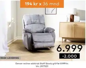 Skeidar Denver recliner elektrisk Stoff Slowly grå tilbud