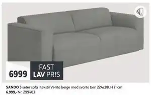 Bohus SANDO 3 seter sofa i tekstil Verita beige med svarte ben tilbud