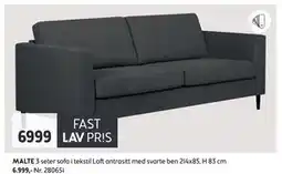 Bohus MALTE 3 seter sofa i tekstil Loft antrasitt med svarte ben tilbud