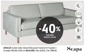 Bohus AMALIE 3 seter sofa i tekstil Mito pearl med arm F og ben i hvitoljet tilbud