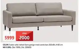 Bohus CELIN 3 seter sofa i tekstil Soro greige med svarte ben tilbud