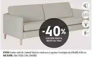 Bohus ETON 3 seter sofa XL i tekstil Vika lin med arm 4 og ben i hvitoljet eik tilbud