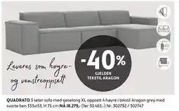 Bohus QUADRATO 3 seter sofa med sjeselong XL oppsett 4 høyre i tekstil Aragon grey med svarte ben tilbud