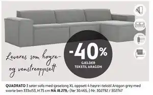 Bohus QUADRATO 3 seter sofa med sjeselong XL oppsett 4 høyre i tekstil Aragon grey med svarte ben tilbud