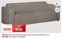 Bohus OTELLO 3 seter sofa i tekstil Free beige med svarte ben tilbud