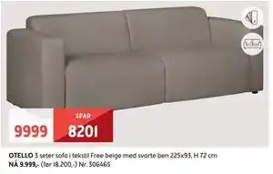 Bohus OTELLO 3 seter sofa i tekstil Free beige med svarte ben tilbud