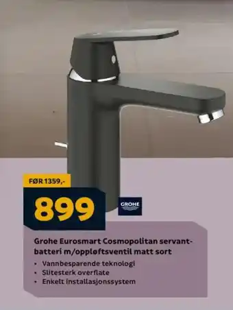 Megaflis Grohe Eurosmart Cosmopolitan servant- batteri m/oppløftsventil matt sort tilbud