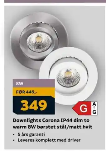 Megaflis Downlights Corona IP44 dim to warm 8W børstet stål/matt hvit tilbud