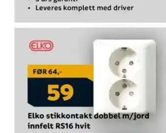 Megaflis Elko stikkontakt dobbel m/jord innfelt RS16 hvit tilbud