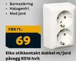 Megaflis Elko stikkontakt dobbel m/jord påvegg RS16 hvit tilbud