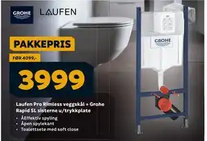 Megaflis Laufen Pro Rimless veggskål + Grohe Rapid SL sisterne u/trykkplate tilbud