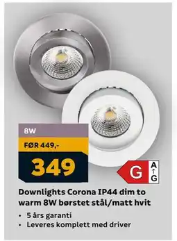 Megaflis Downlights Corona IP44 dim to warm 8W børstet stål/matt hvit tilbud