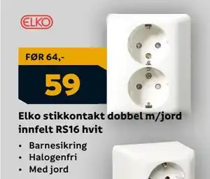 Megaflis Elko stikkontakt dobbel m/jord innfelt RS16 hvit tilbud