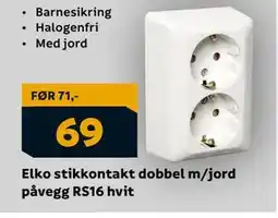 Megaflis Elko stikkontakt dobbel m/jord påvegg RS16 hvit tilbud