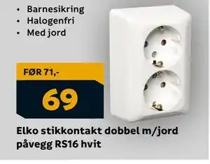 Megaflis Elko stikkontakt dobbel m/jord påvegg RS16 hvit tilbud