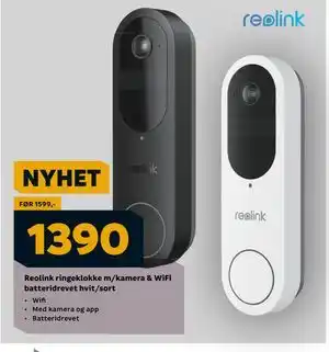 Megaflis Reolink ringeklokke m/kamera & WiFi batteridrevet hvit/sort tilbud